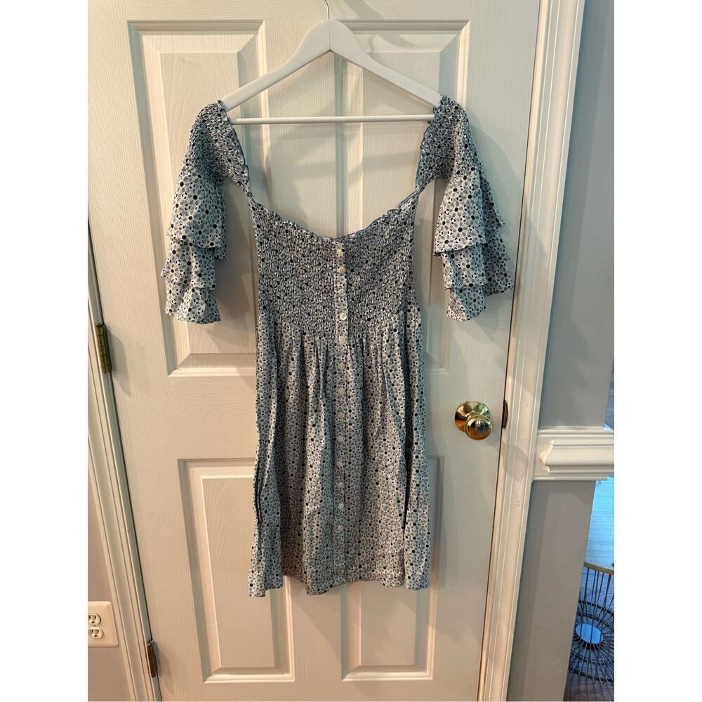 Skemo Blue Ditsy Print Smocked Off the Shoulder Dress sz S EUC